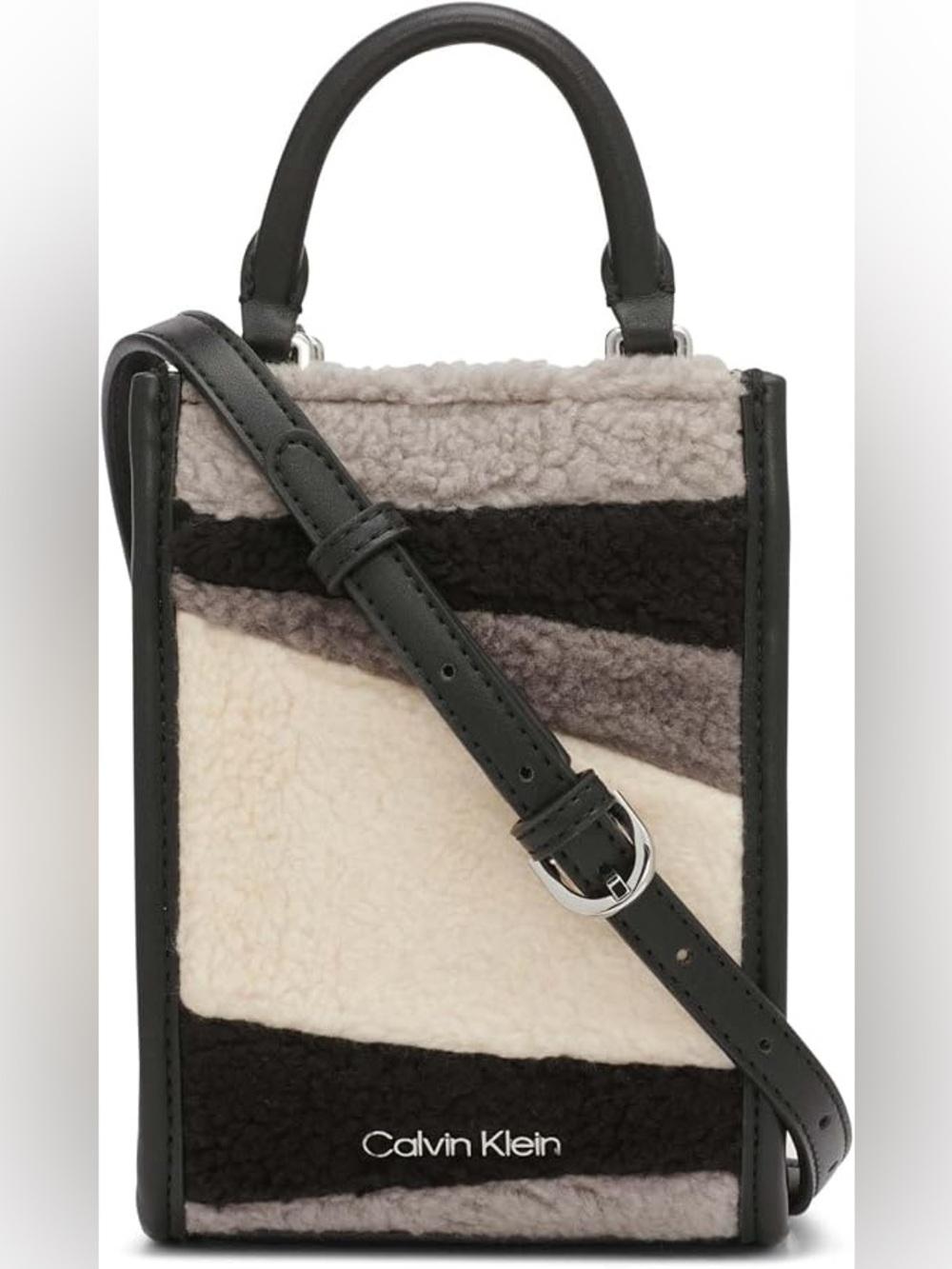 NWT Calvin Klein  Shearling Adjustable Phone Crossbody Black / Stone